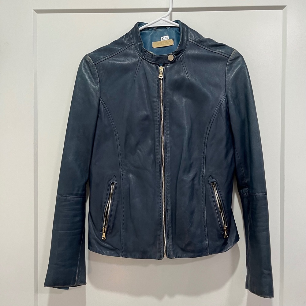 Massimo Dutti Blue Natural Leather Moto Jacket Womens Small Gold Hardware